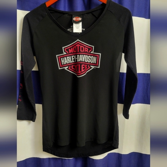 Harley-Davidson Tops - 🖤💖 Harley-Davidson Sheer Front Black & Pink Women’s Long Sleeve Tee | Size S